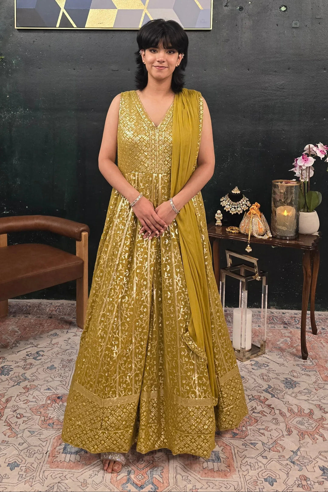 Mehendi Green embroidered Salwar Kameez (Anarkali) - MyEthnikRentals