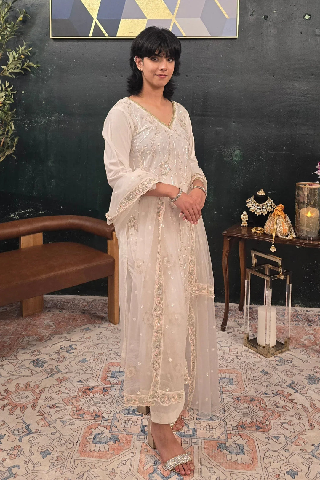 Off White Georgette Salwar Kameez - MyEthnikRentals