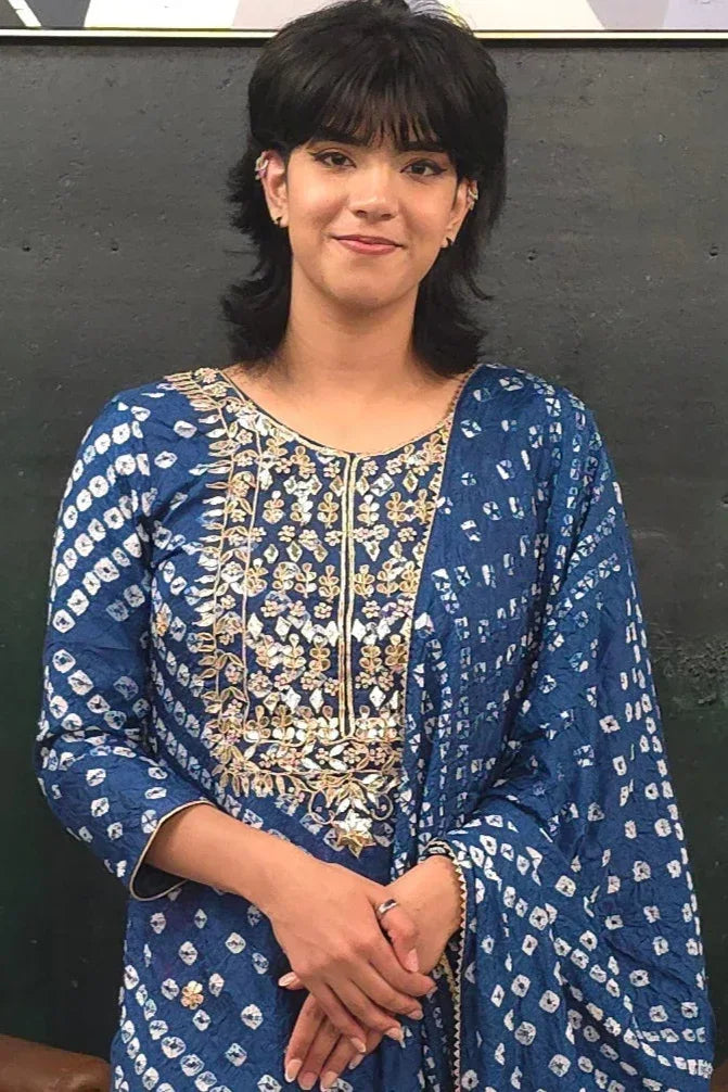 Blue Bandhej embroidered Salwar Kameez - MyEthnikRentals