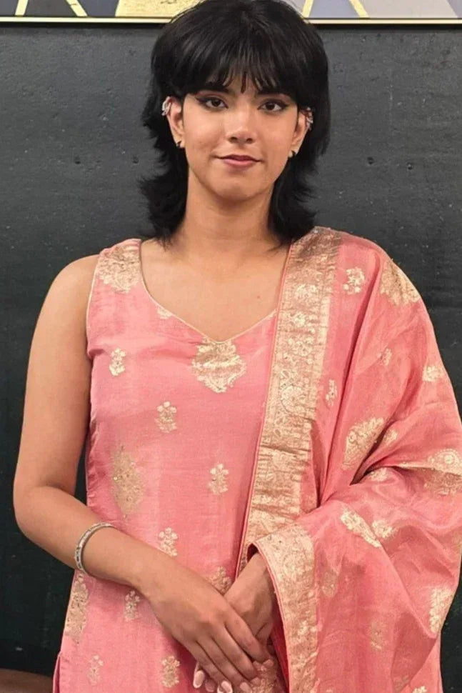 Soft Pink Chanderi Silk Salwar Kameez (Outside Ontario) - MyEthnikRentals