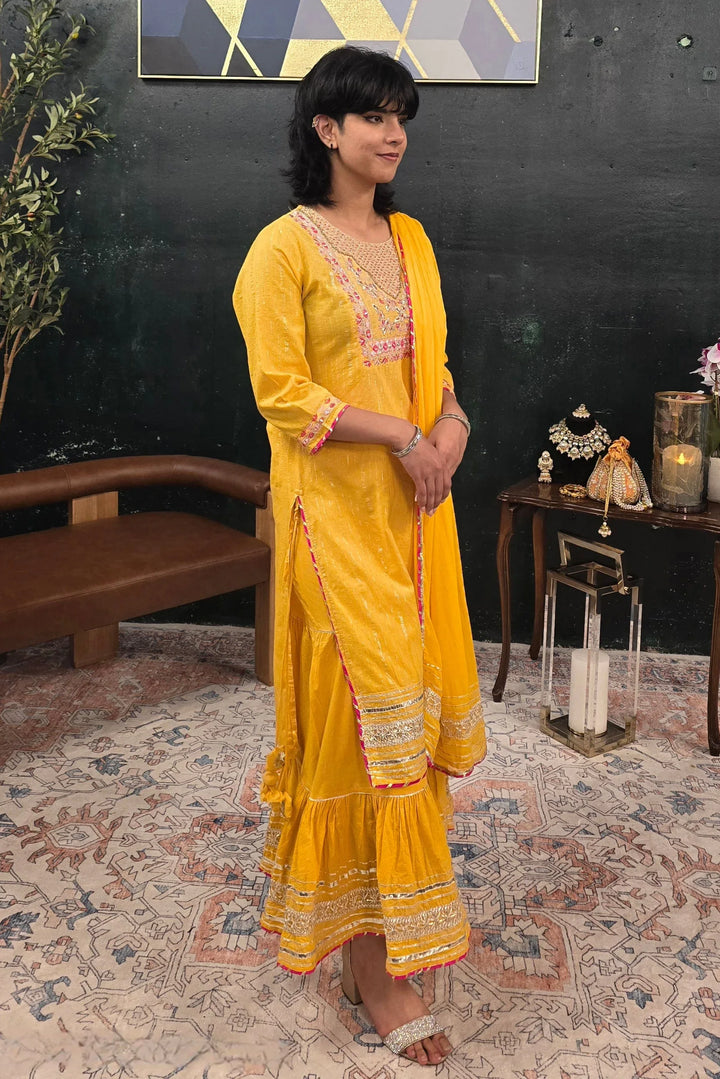 Yellow linen pink embroidery Salwar Kameez - MyEthnikRentals