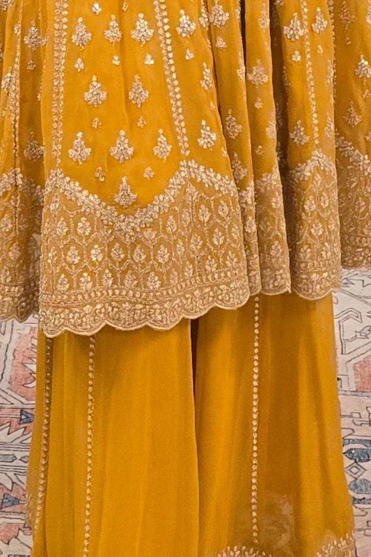 Yellow georgette crystal work Salwar Kameez (Outside Ontario) - MyEthnikRentals