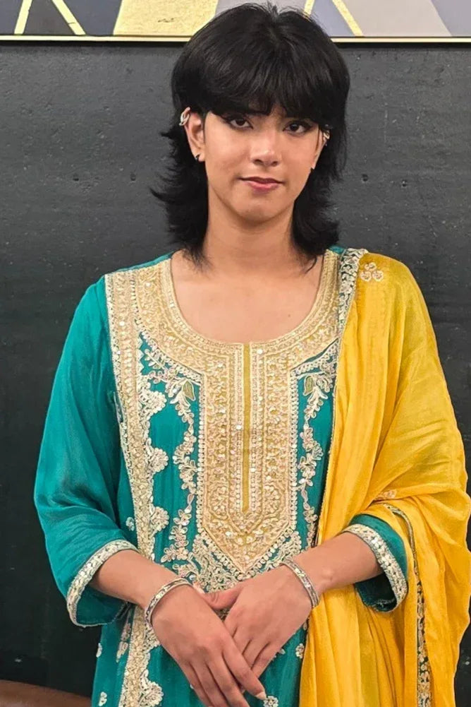 Turquoise Blue Heavy Embroidered Salwar Kameez (Outside Ontario) - MyEthnikRentals