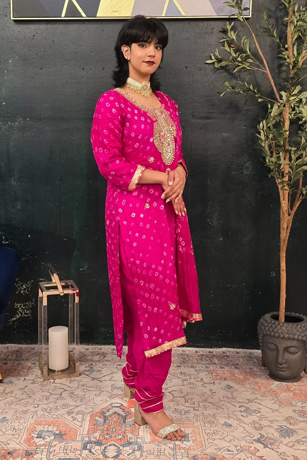 Fuschia Pink Bandhni Gotta Patti Salwar Kameez - MyEthnikRentals