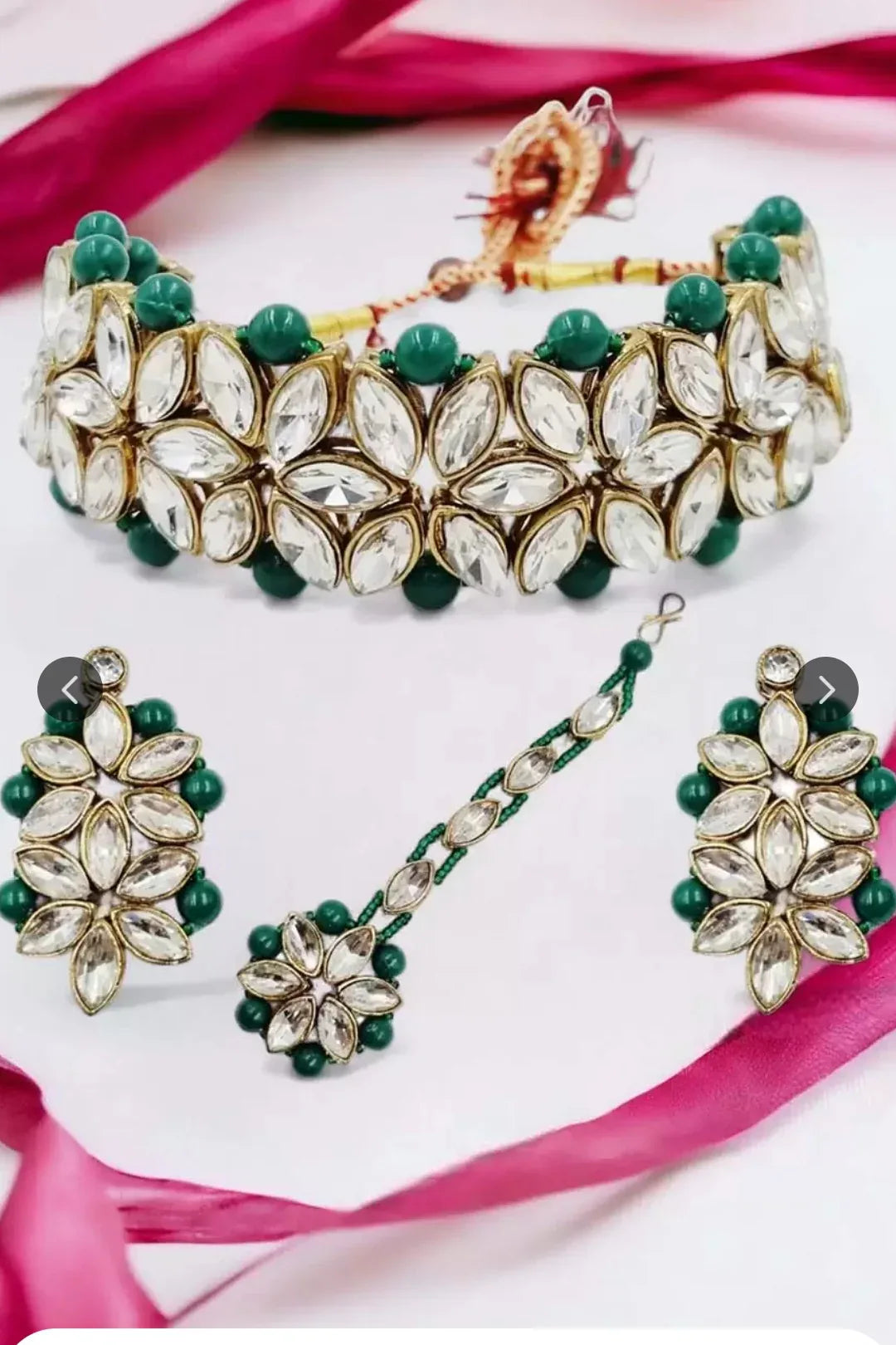 Green Kundan Golden Crystal Jewellery Set - MyEthnikRentals