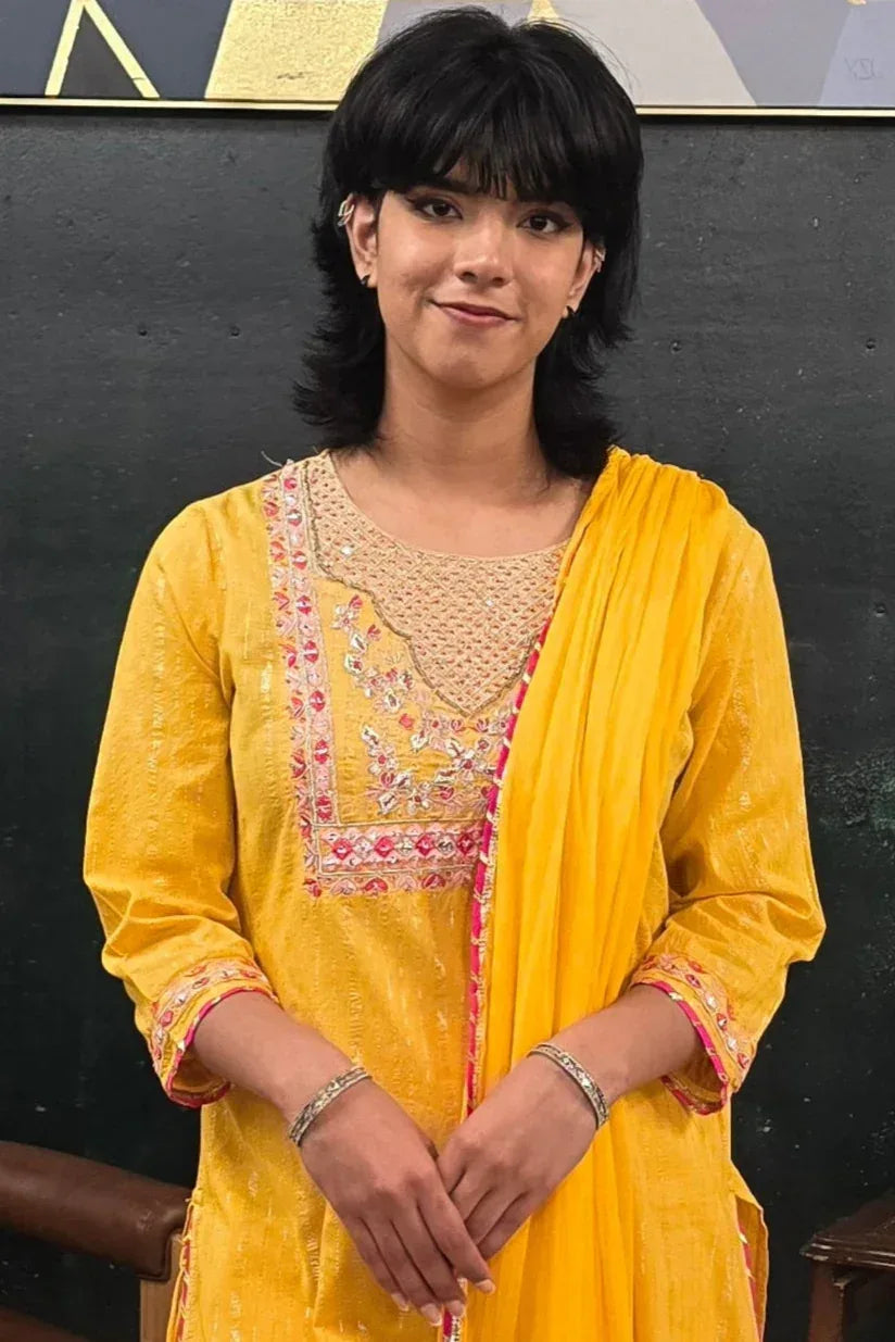 Yellow linen pink embroidery Salwar Kameez (Outside Ontario) - MyEthnikRentals