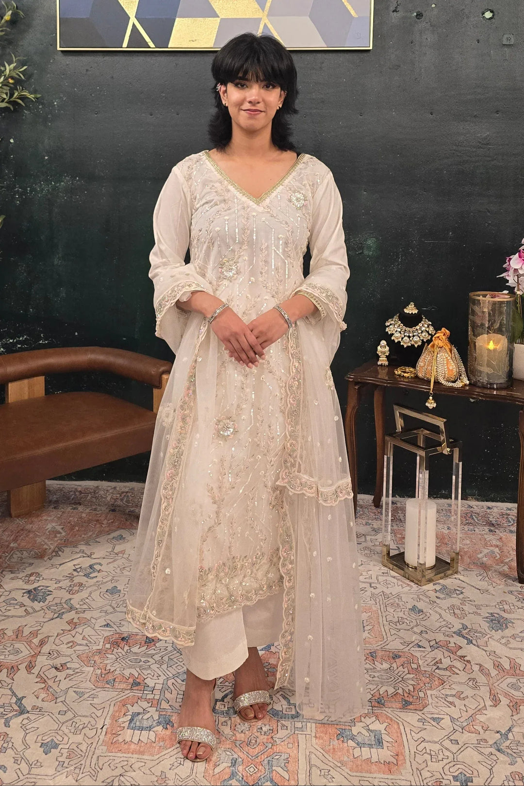 Off White Georgette Salwar Kameez - MyEthnikRentals
