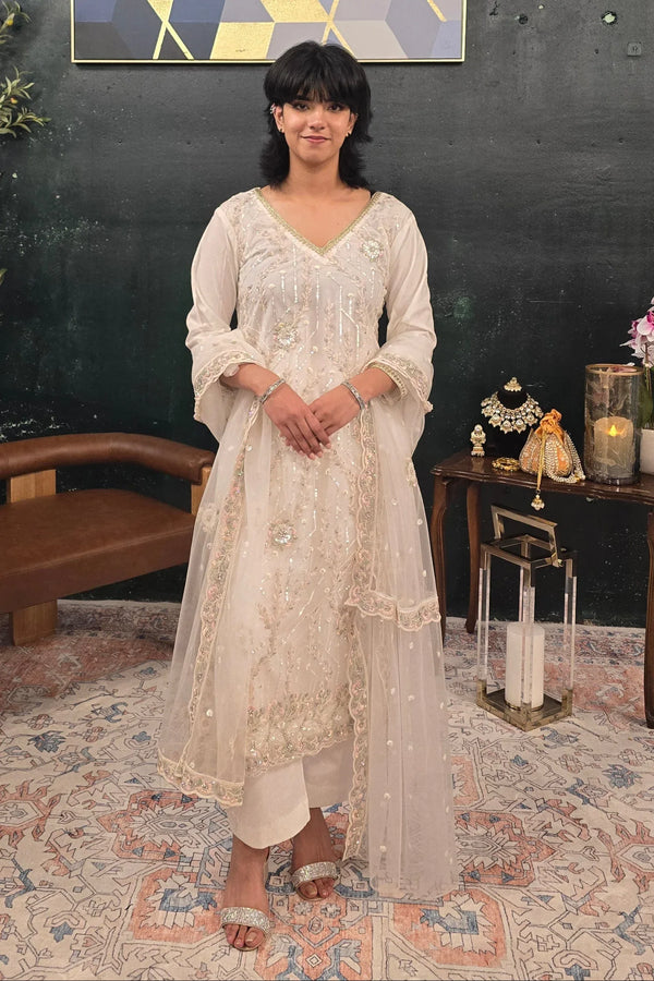 Off White Georgette Salwar Kameez - MyEthnikRentals