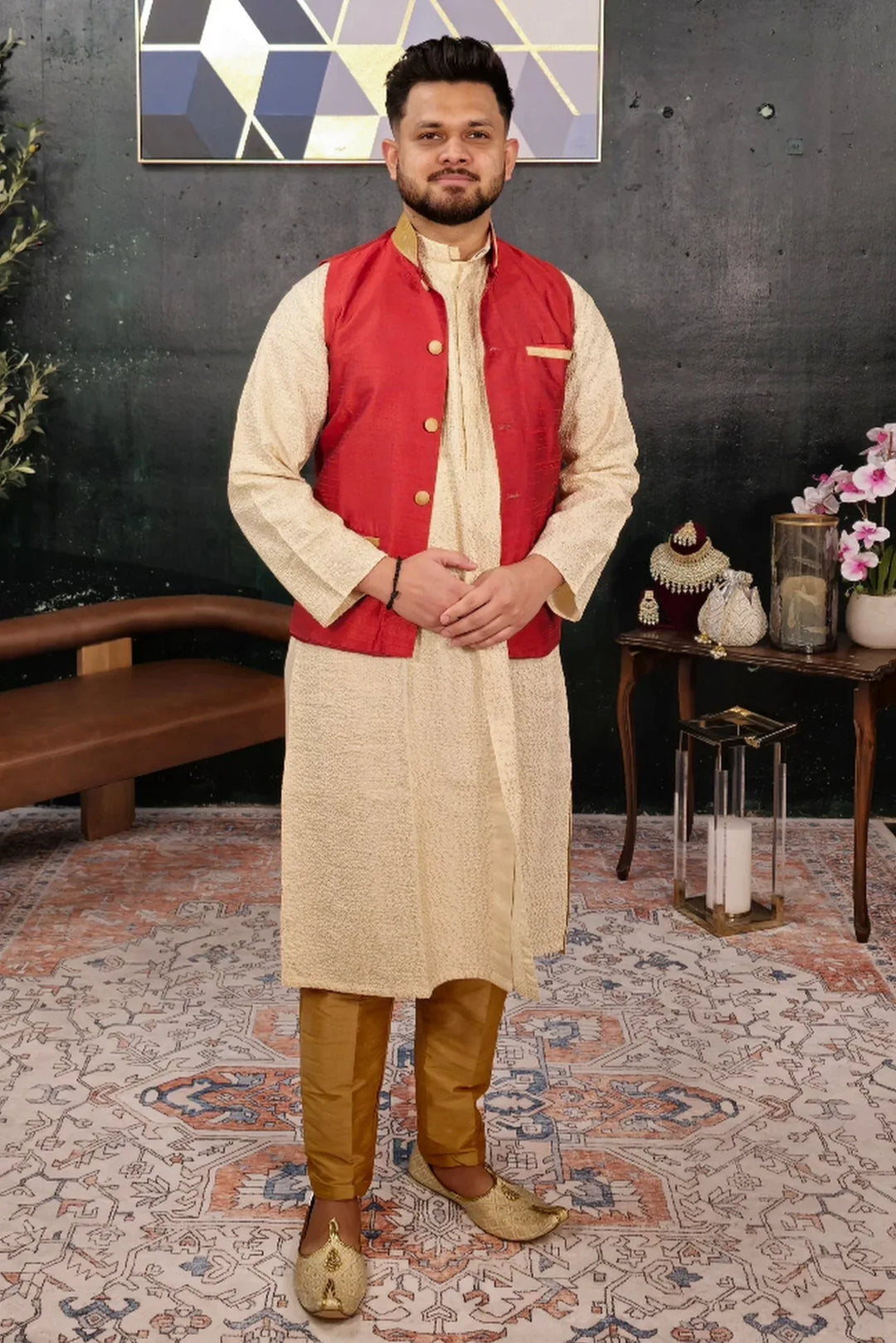 Cream Kurta Pajama with Red Jacket - MyEthnikRentals