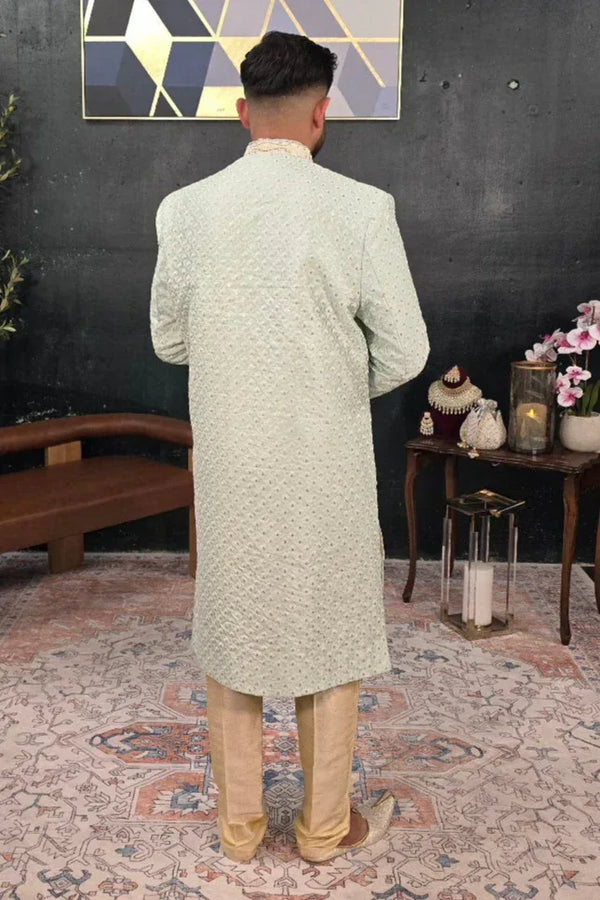 Minty Green Embroidered Sherwani - MyEthnikRentals