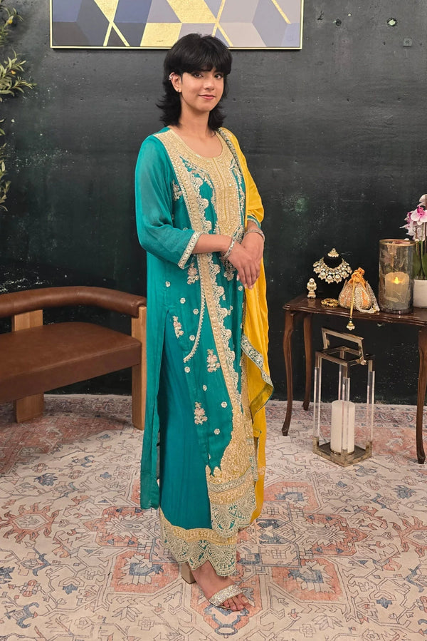 Turquoise Blue Heavy Embroidered Salwar Kameez - MyEthnikRentals