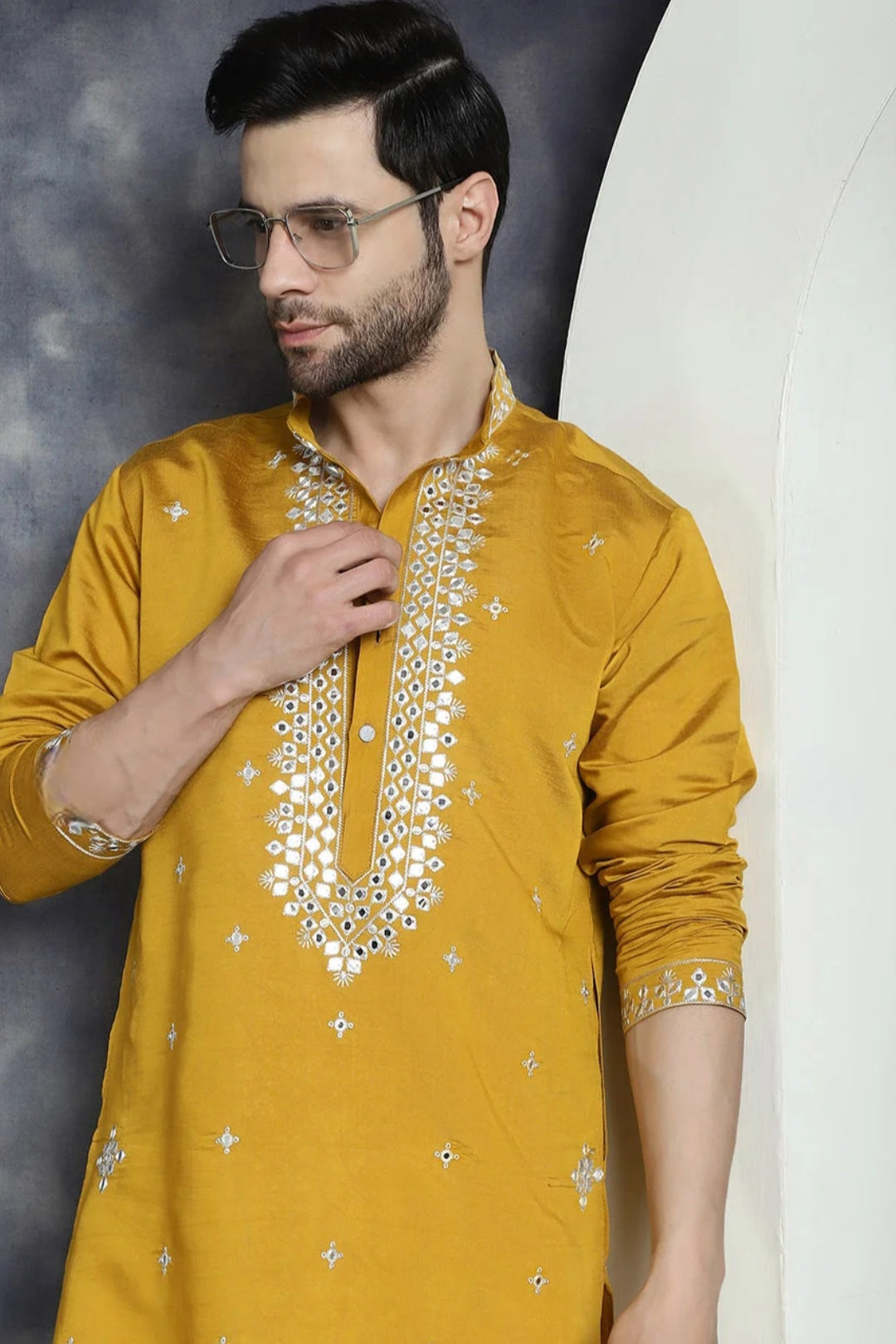 Mustard Mirror Embroidered Kurta - MyEthnikRentals