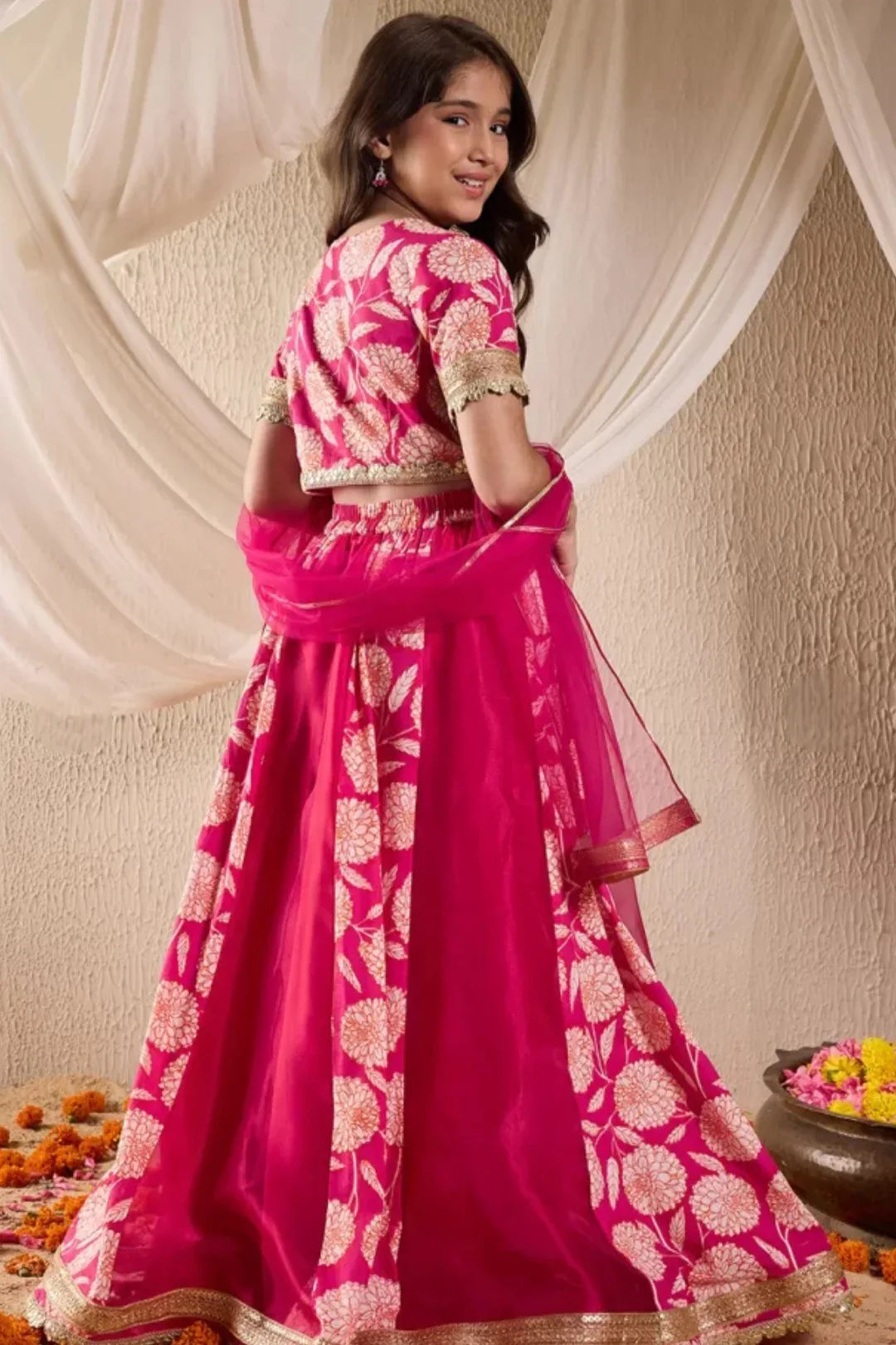 Girls fuchsia pink Lehenga & Dupatta - MyEthnikRentals