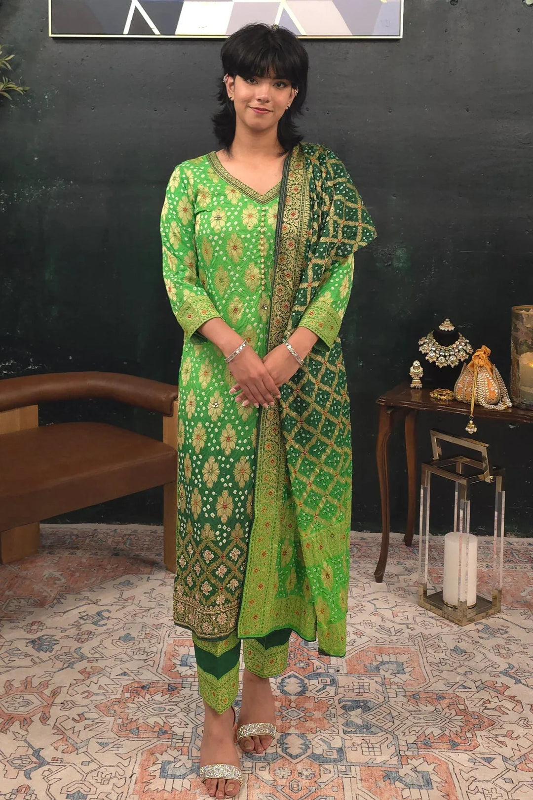 Bandhni - Mint Green - Dark green embroidered Salwar Kameez - MyEthnikRentals