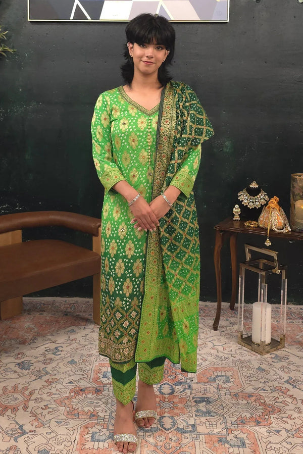 Bandhni - Mint Green - Dark green embroidered Salwar Kameez - MyEthnikRentals