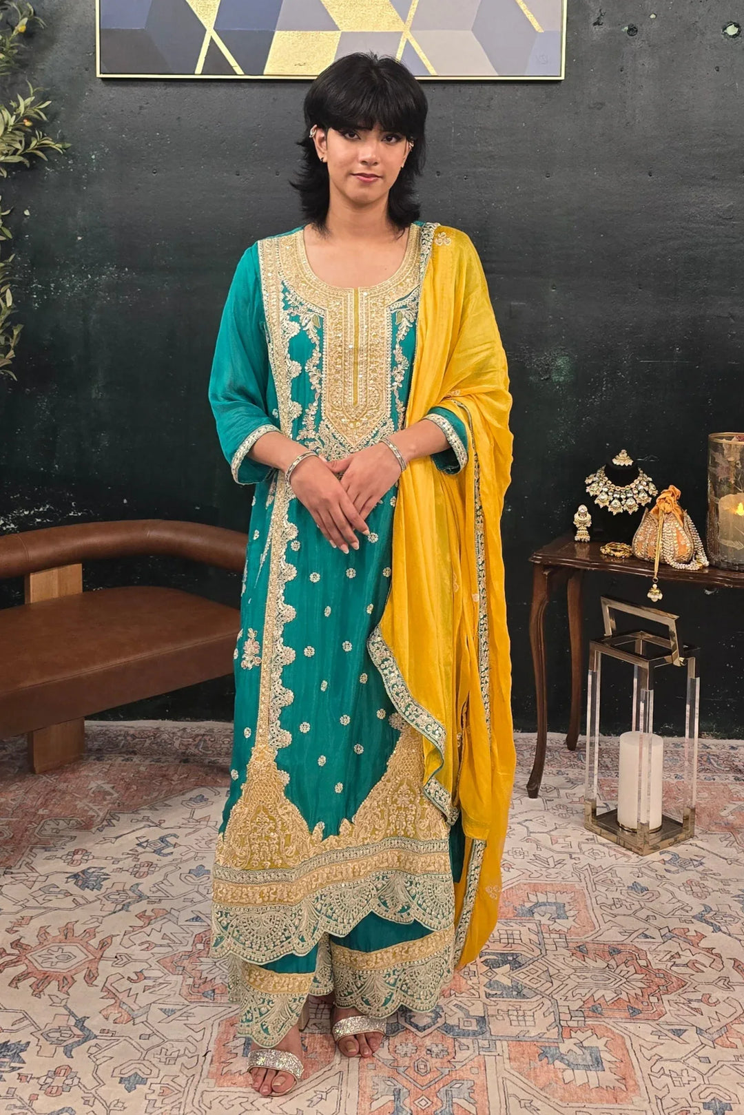 Turquoise Blue Heavy Embroidered Salwar Kameez - MyEthnikRentals