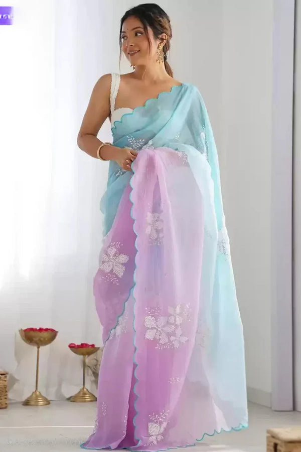 Embellished Sequined Blue Saree (Outside Ontario) - MyEthnikRentals