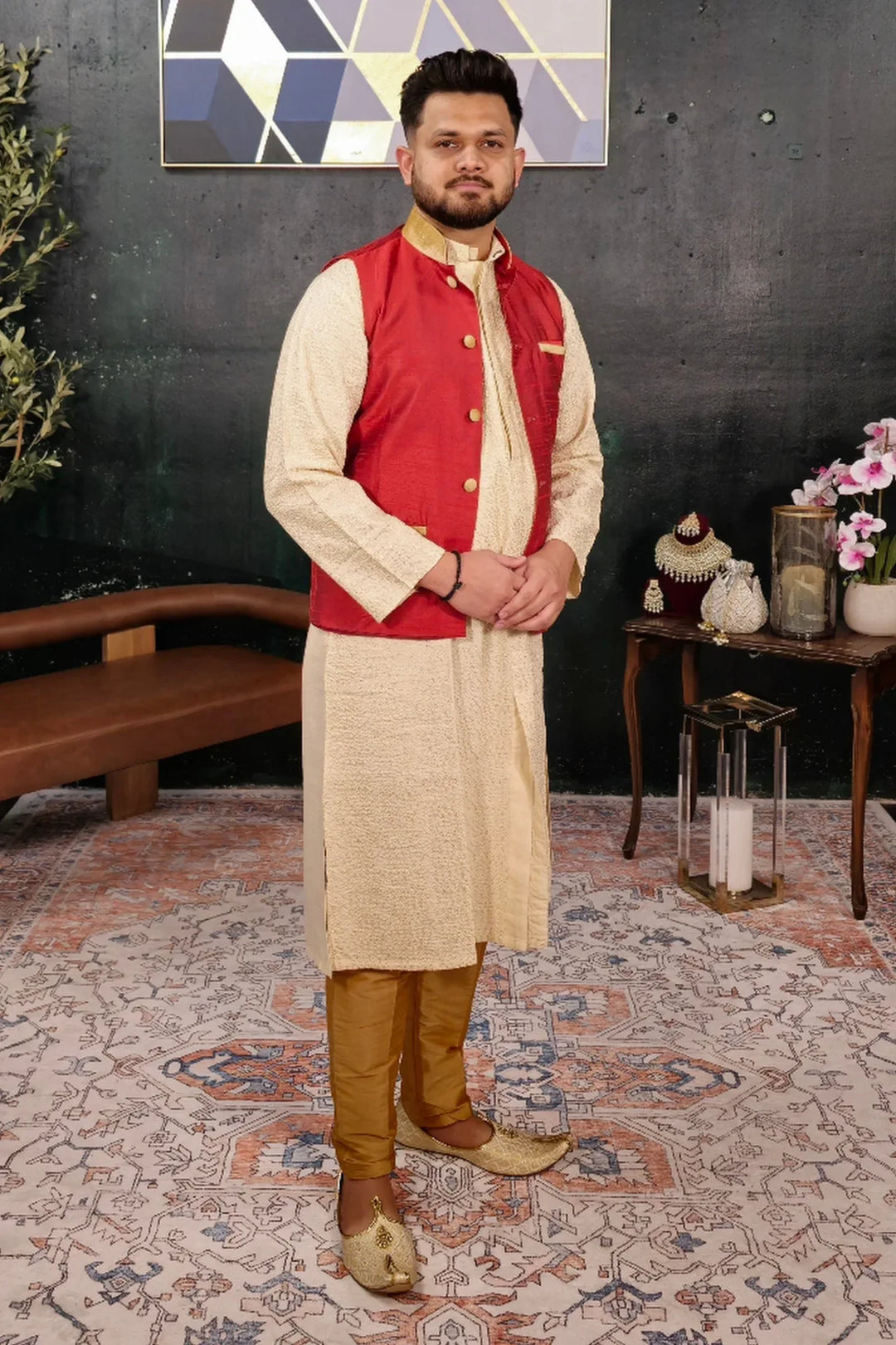 Cream Kurta Pajama with Red Jacket - MyEthnikRentals