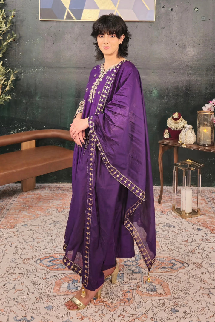 Purple Linen A-line Salwar Kameez - MyEthnikRentals