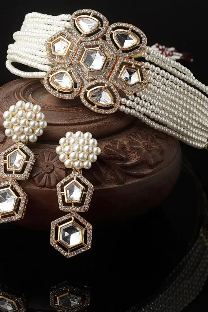 Pearl Choker Diamond centered Jewellery Set - MyEthnikRentals