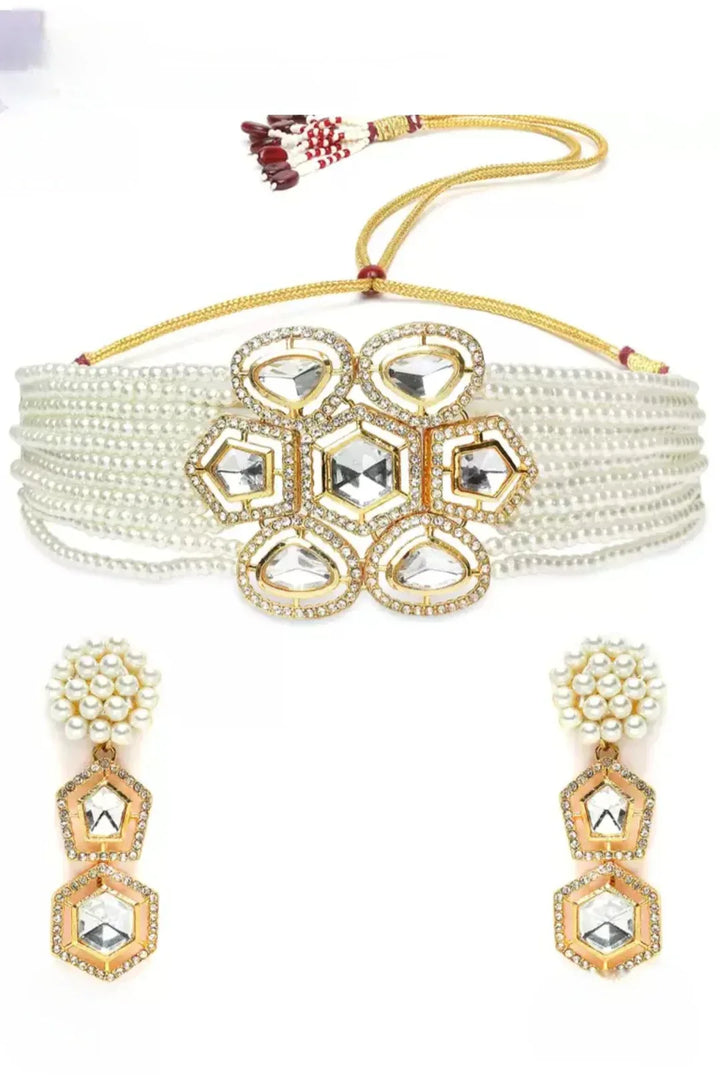 Pearl Choker Diamond centered Jewellery Set - MyEthnikRentals