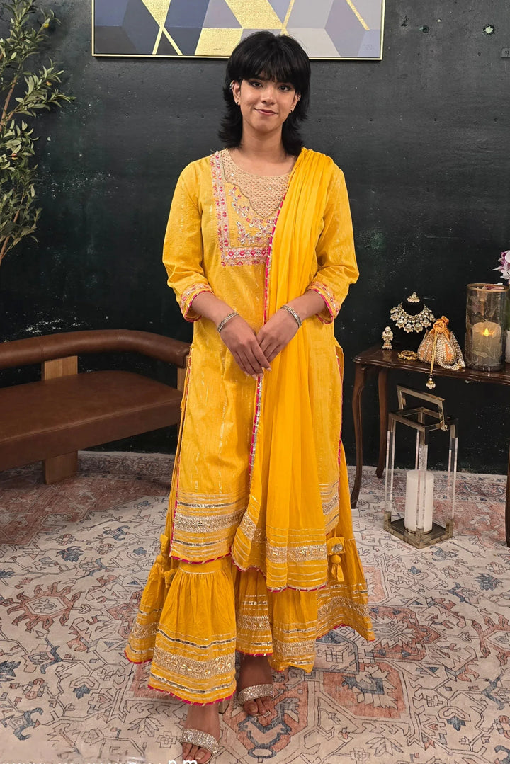 Yellow linen pink embroidery Salwar Kameez - MyEthnikRentals