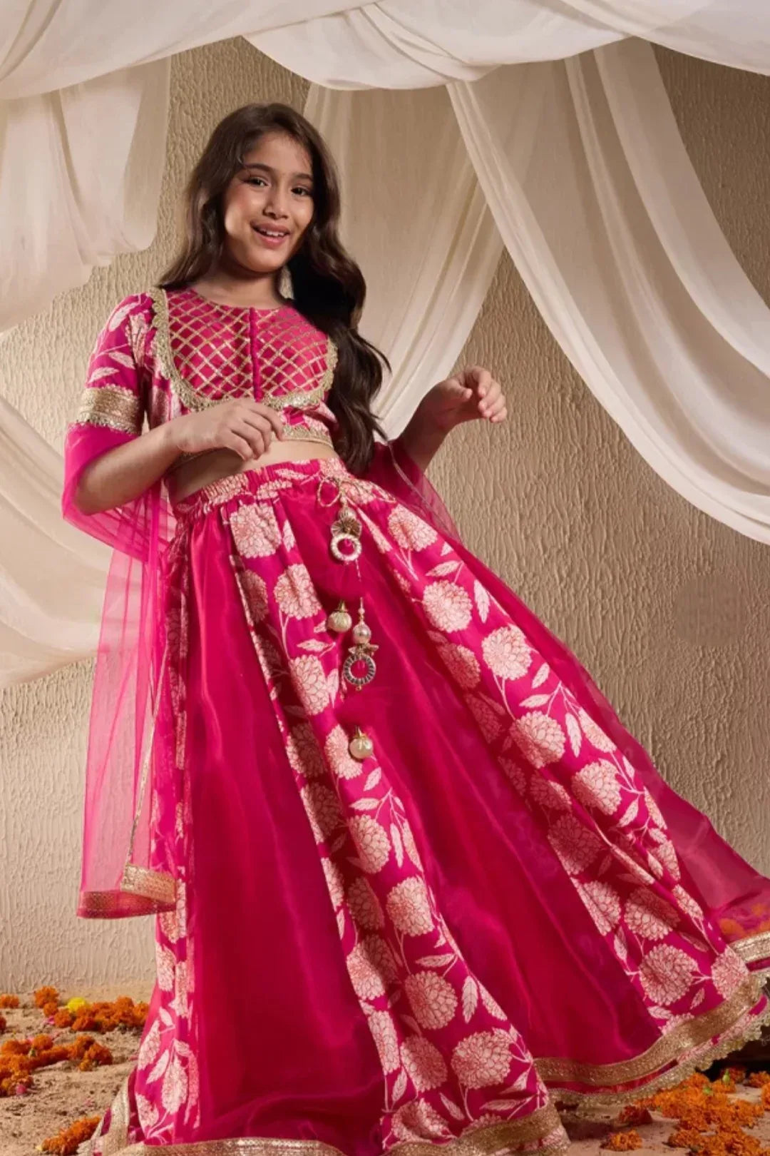Girls fuchsia pink Lehenga & Dupatta - MyEthnikRentals