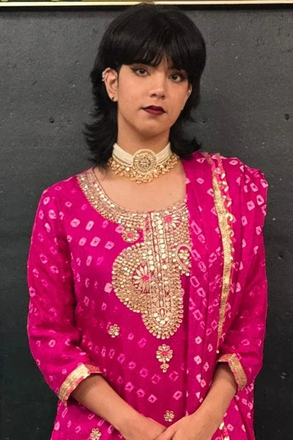 Fuschia Pink Bandhni Gotta Patti Salwar Kameez (Outside Ontario) - MyEthnikRentals