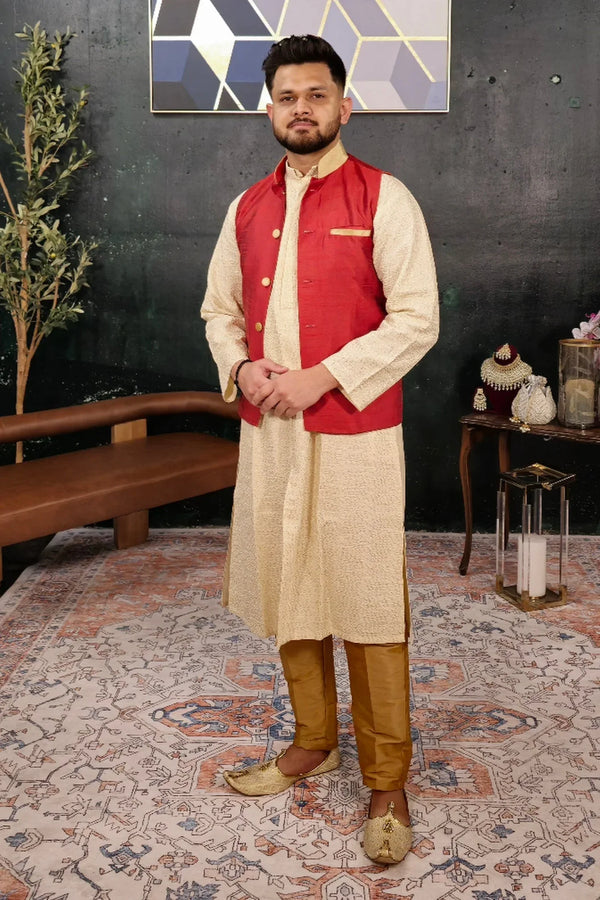 Cream Kurta Pajama with Red Jacket - MyEthnikRentals