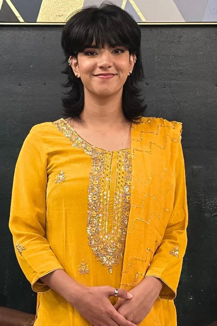 Yellow georgette silver embroidery Salwar Kameez - MyEthnikRentals