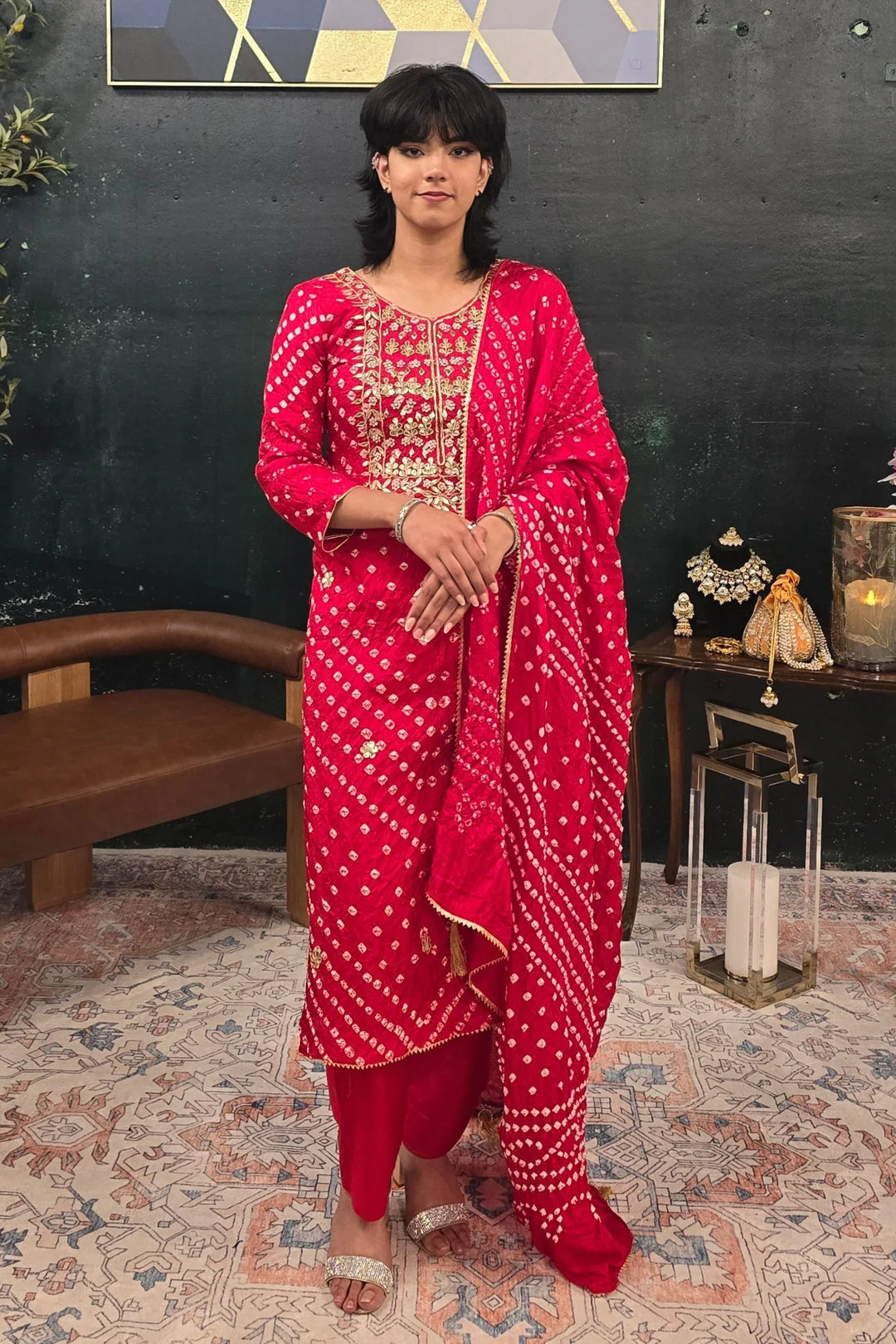 Bright red silk - Kotta Patti Salwar Kameez - MyEthnikRentals