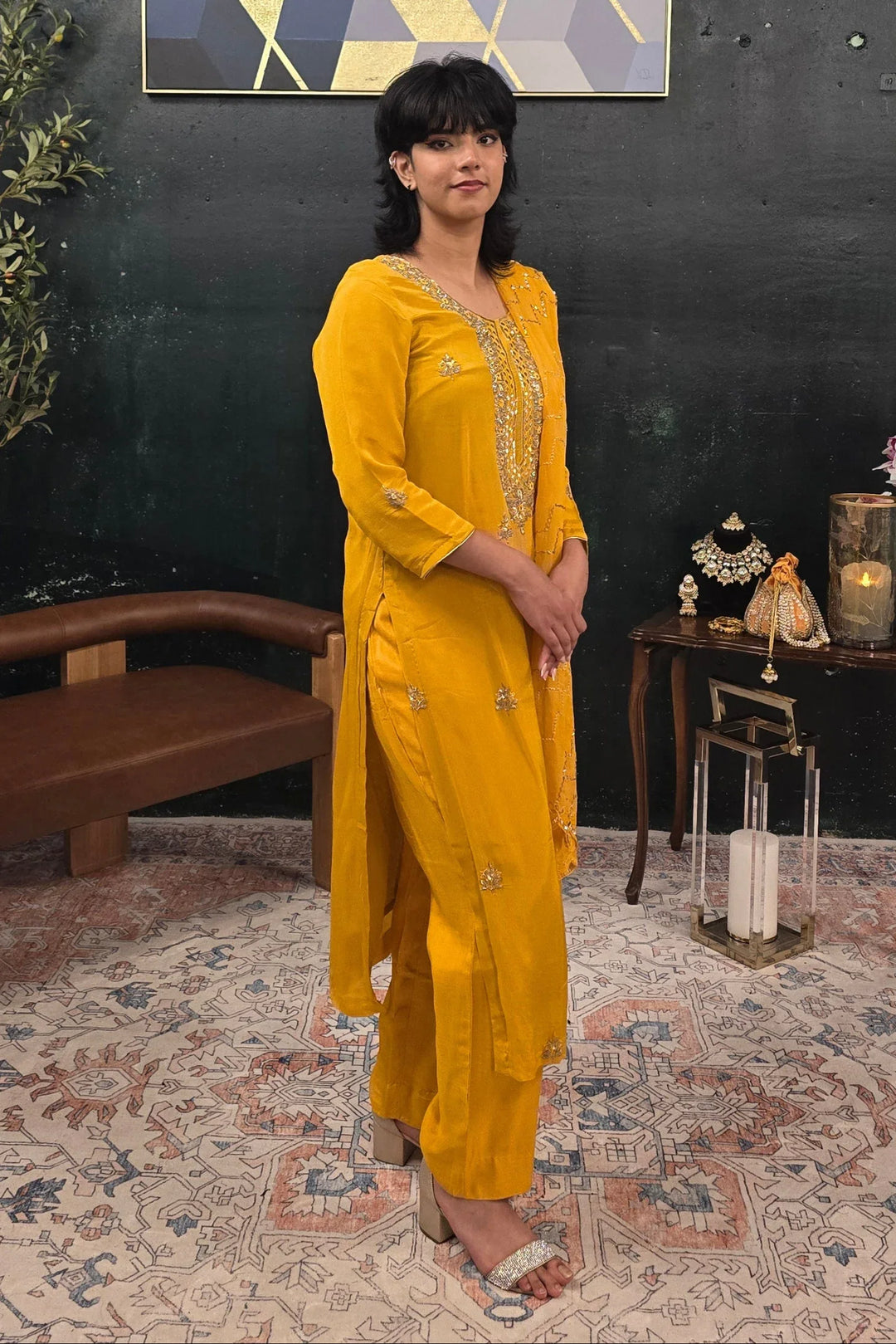 Yellow georgette silver embroidery Salwar Kameez - MyEthnikRentals