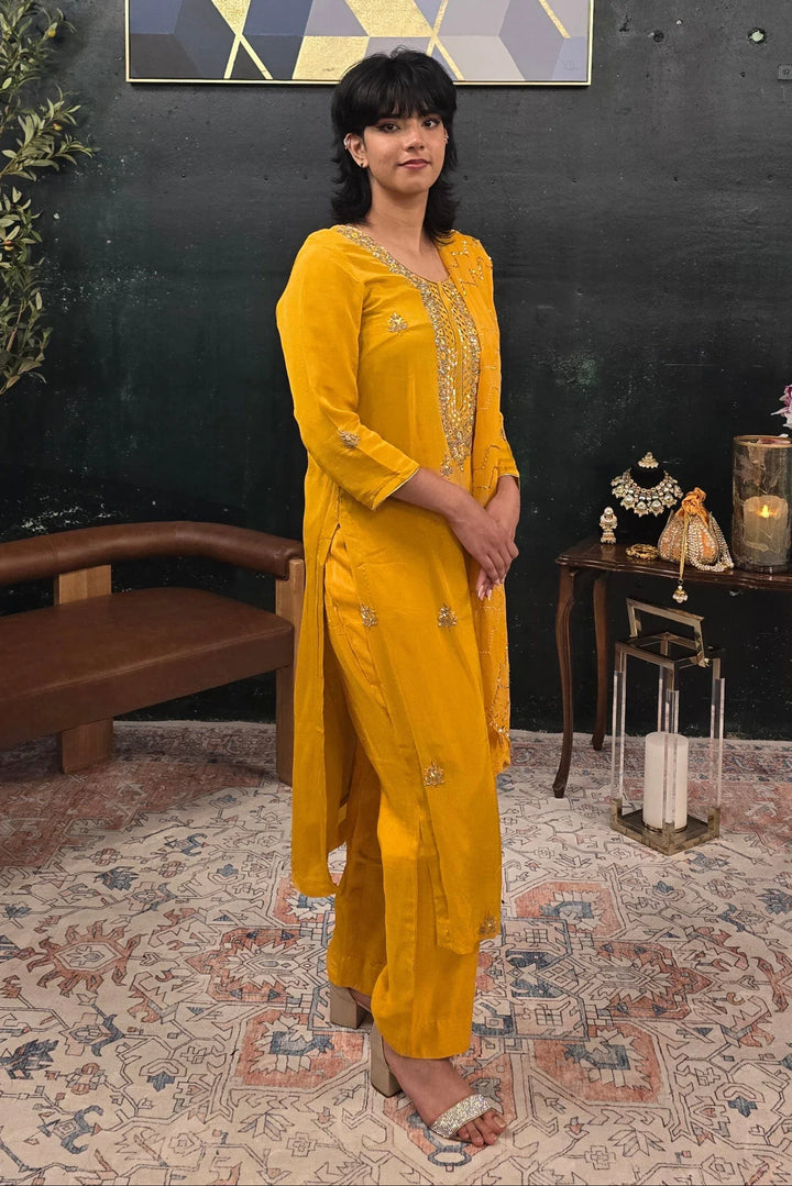 Yellow georgette silver embroidery Salwar Kameez - MyEthnikRentals