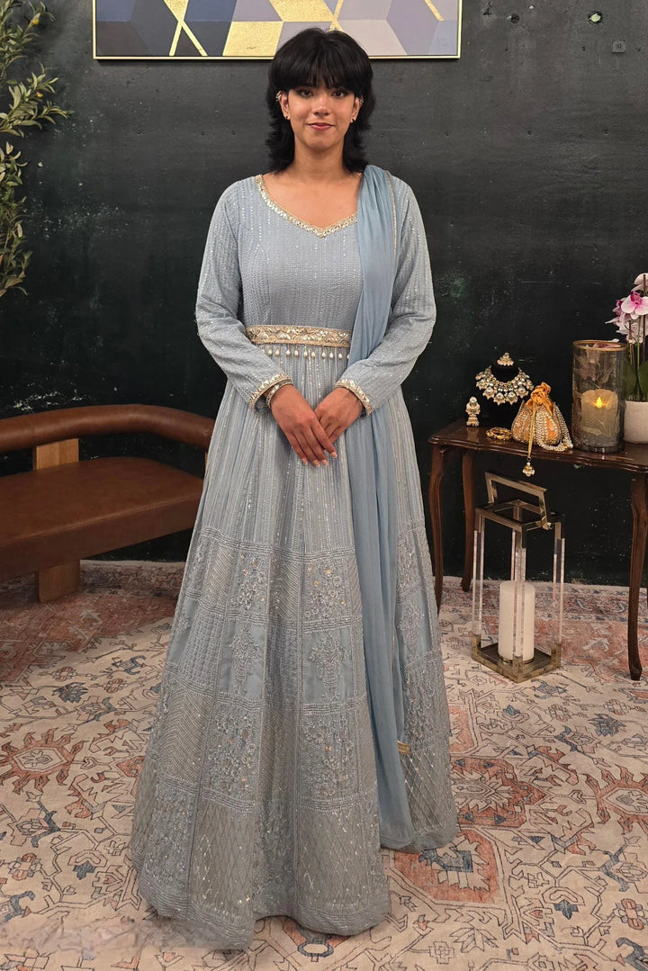 Blue embroidered Salwar Kameez (Anarkali) - MyEthnikRentals