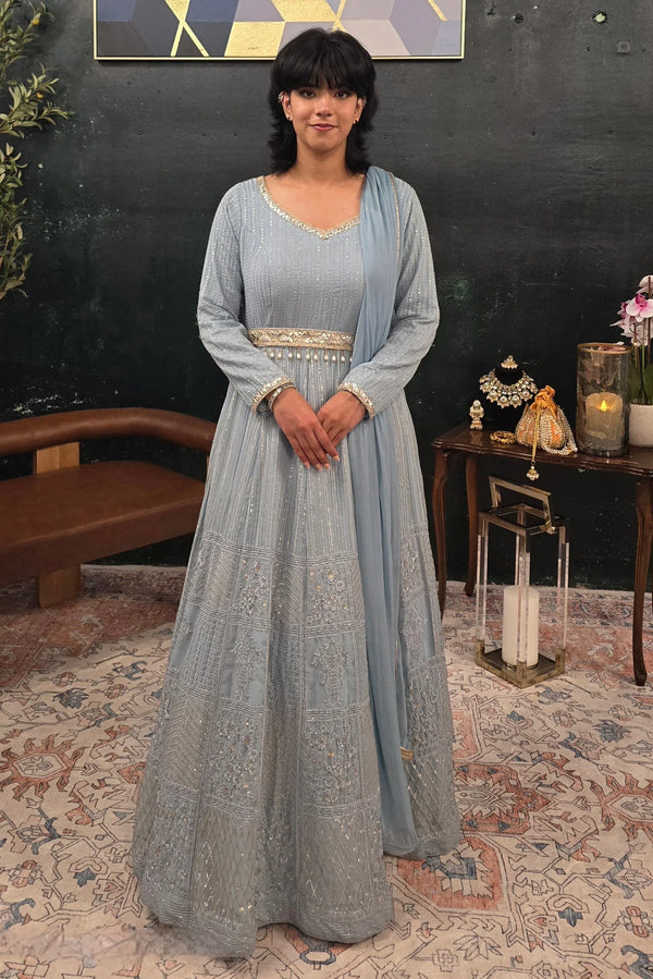 Blue embroidered Salwar Kameez (Anarkali) - MyEthnikRentals