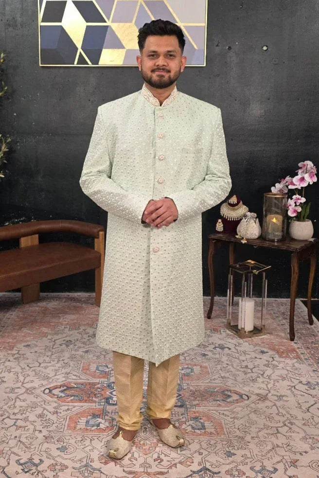 Minty Green Embroidered Sherwani (Outside Ontario) - MyEthnikRentals