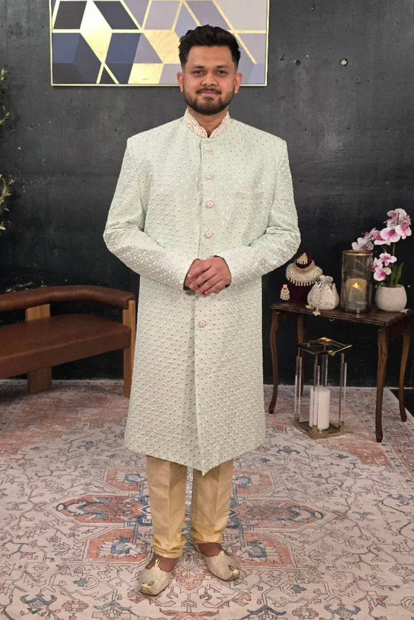 Minty Green Embroidered Sherwani - MyEthnikRentals