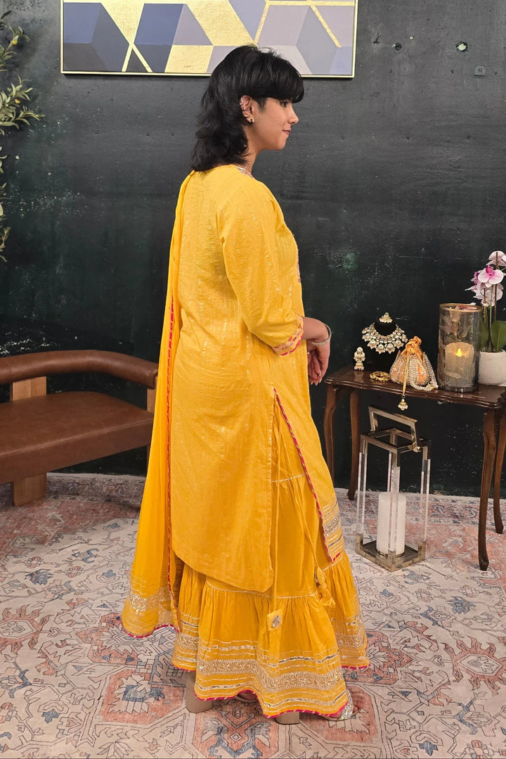 Yellow linen pink embroidery Salwar Kameez - MyEthnikRentals