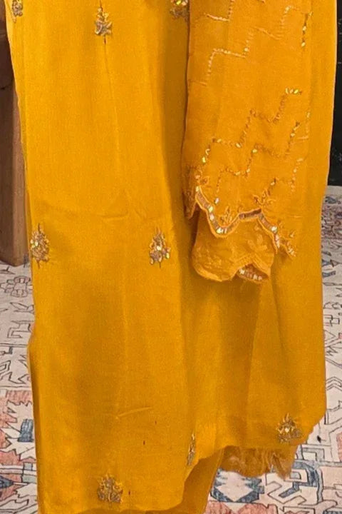 Yellow georgette silver embroidery Salwar Kameez (Outside Ontario) - MyEthnikRentals