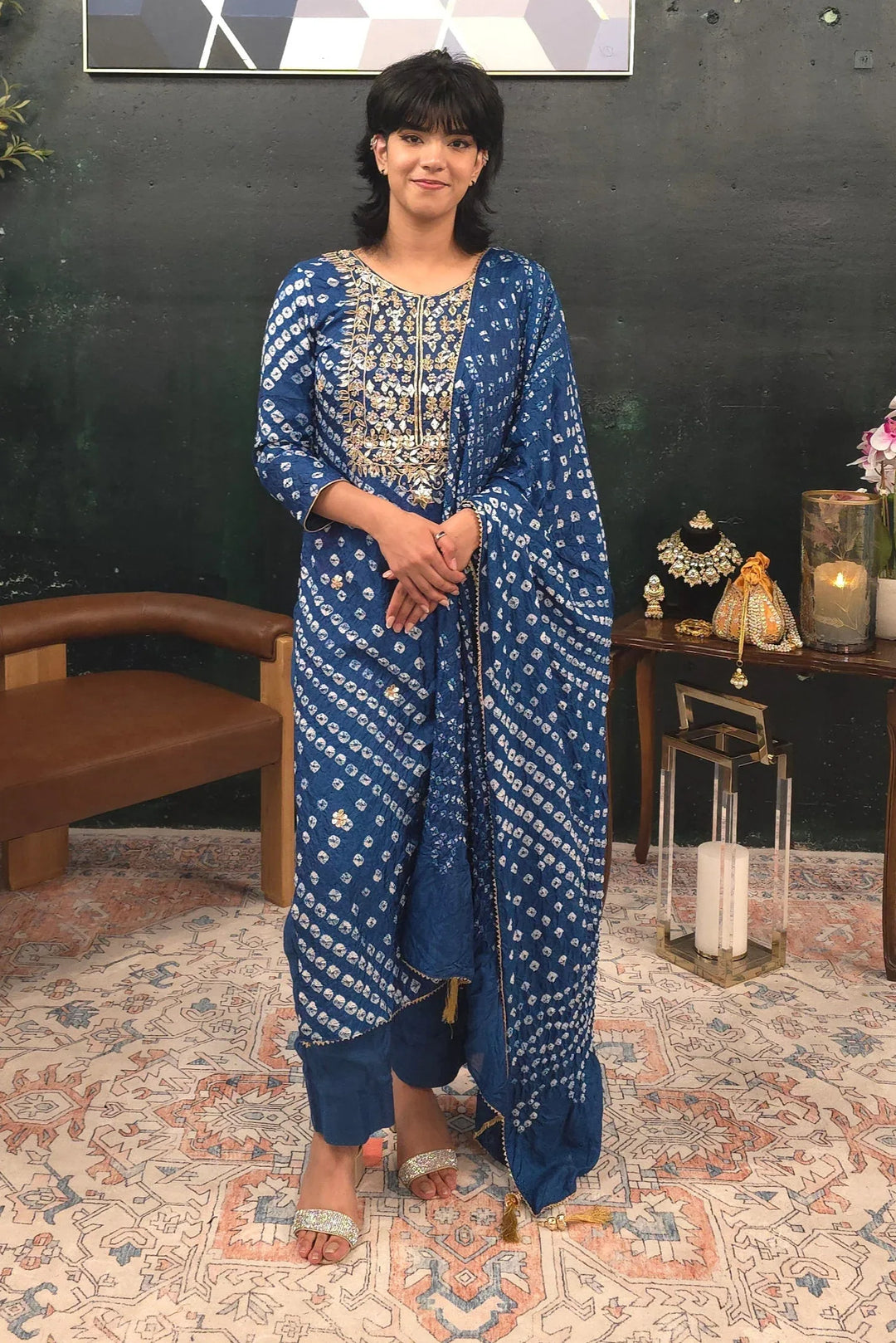 Blue Bandhej embroidered Salwar Kameez - MyEthnikRentals