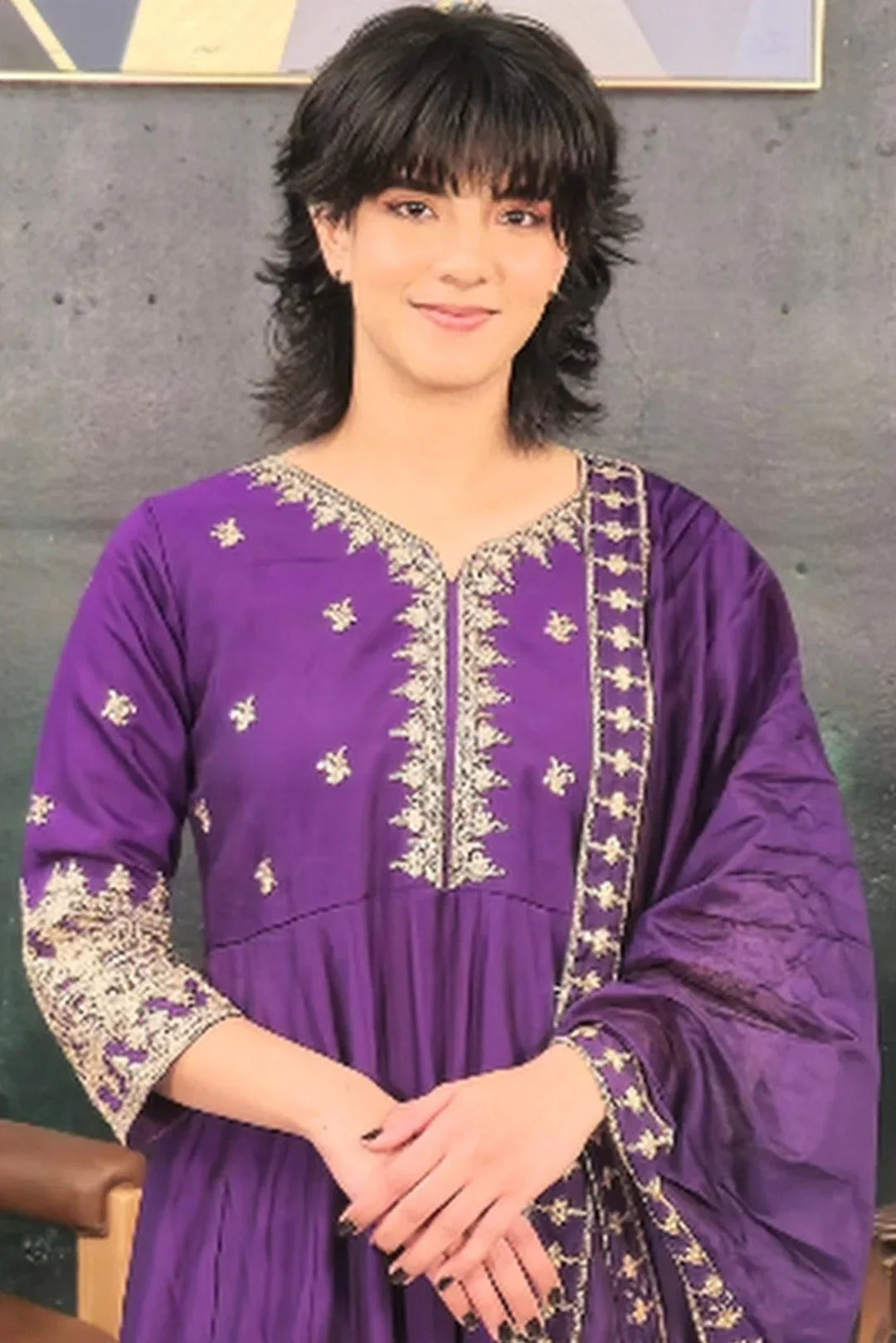 Purple Linen A-line Salwar Kameez - MyEthnikRentals