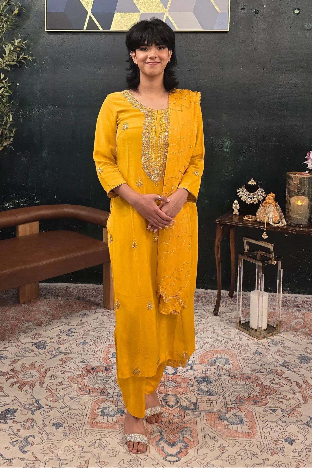 Yellow georgette silver embroidery Salwar Kameez - MyEthnikRentals