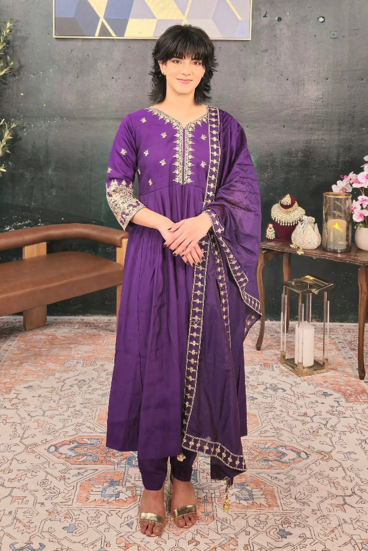Purple Linen A-line Salwar Kameez - MyEthnikRentals