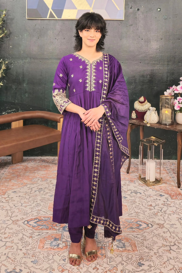 Purple Linen A-line Salwar Kameez - MyEthnikRentals