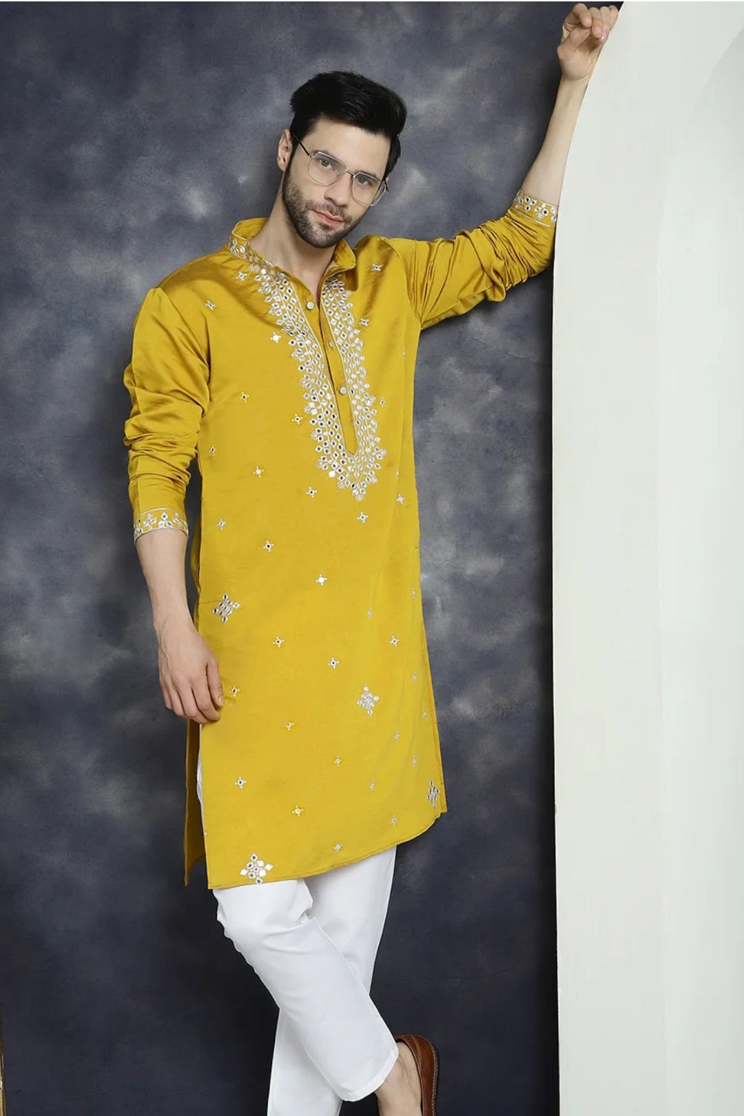 Mustard Mirror Embroidered Kurta - MyEthnikRentals