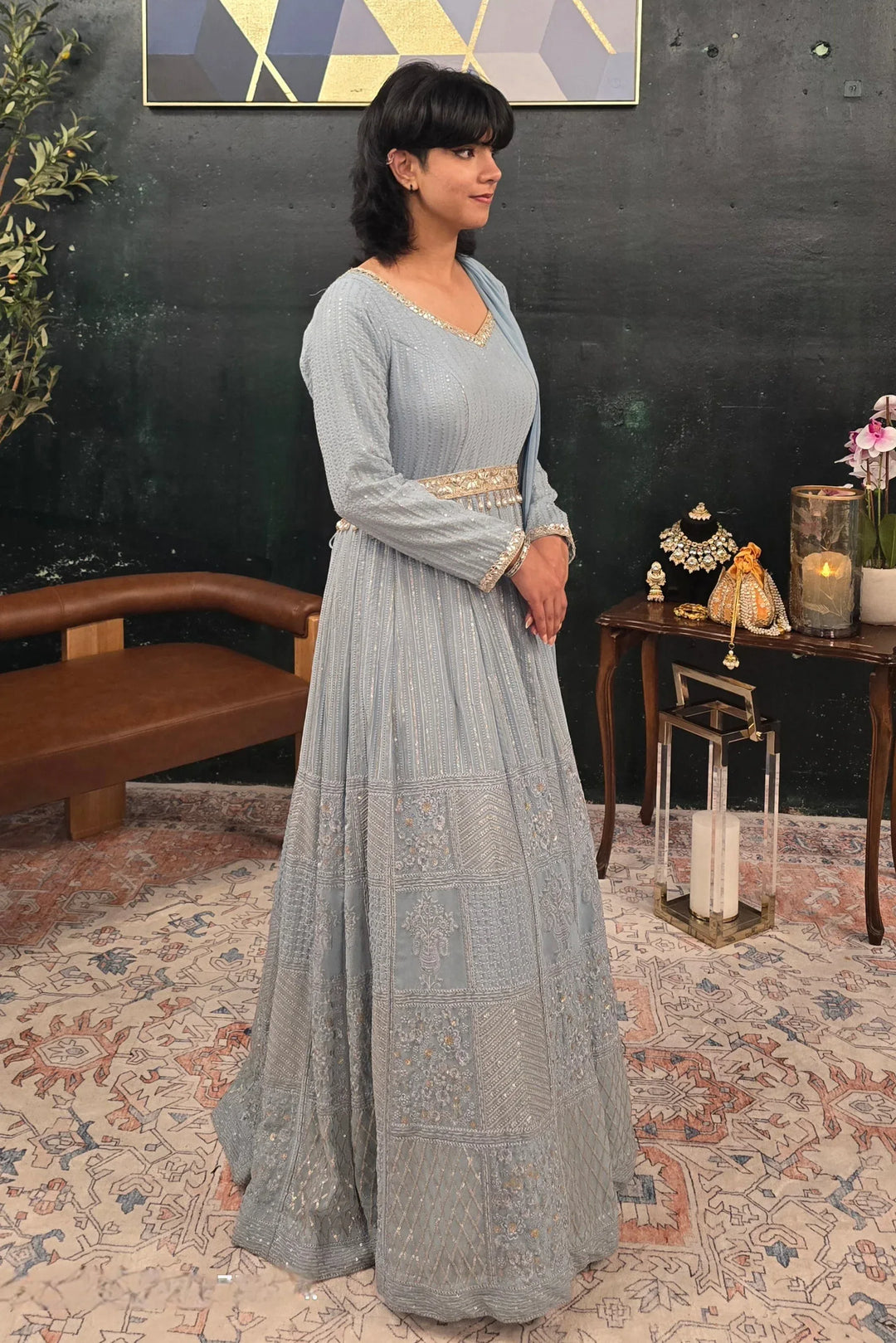 Blue embroidered Salwar Kameez (Anarkali) - MyEthnikRentals