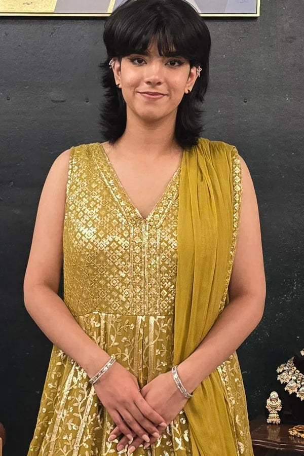 Mehendi Green embroidered Salwar Kameez (Anarkali) - MyEthnikRentals