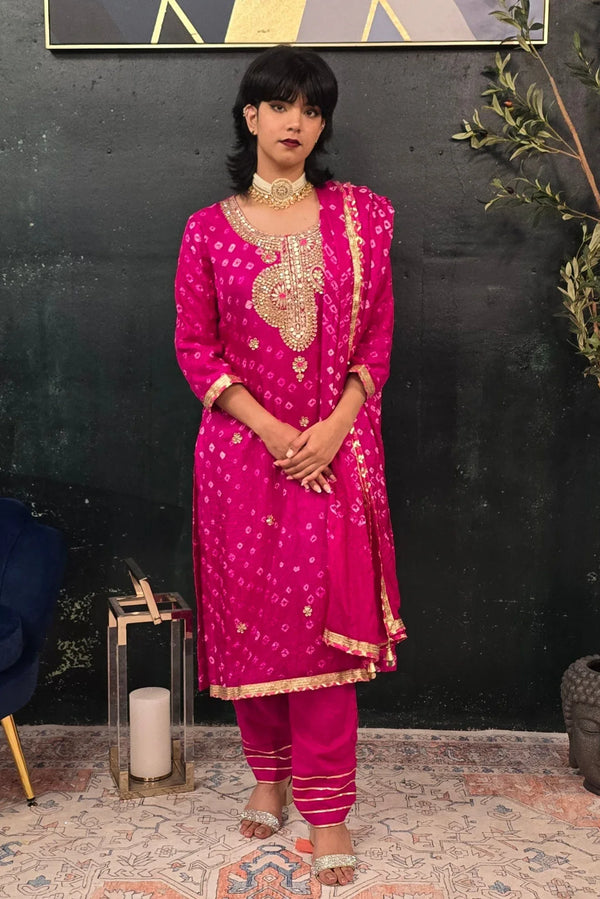 Fuschia Pink Bandhni Gotta Patti Salwar Kameez - MyEthnikRentals