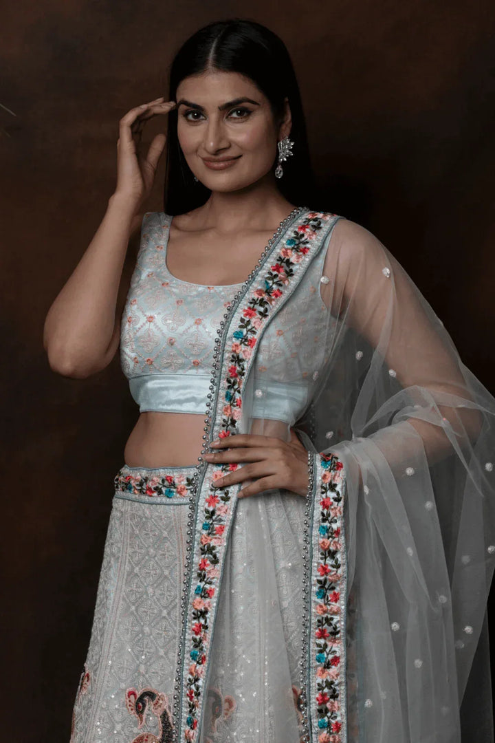 Pista Green Floral Lehenga - MyEthnikRentals