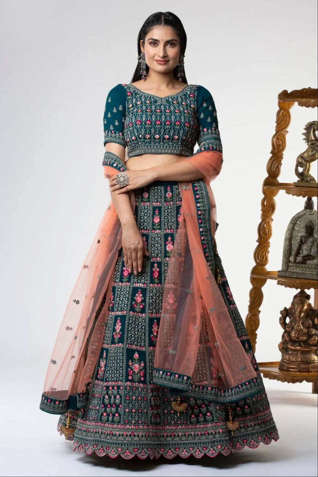 Ambrosial Teal Satin Lehenga (Outside Ontario) - MyEthnikRentals